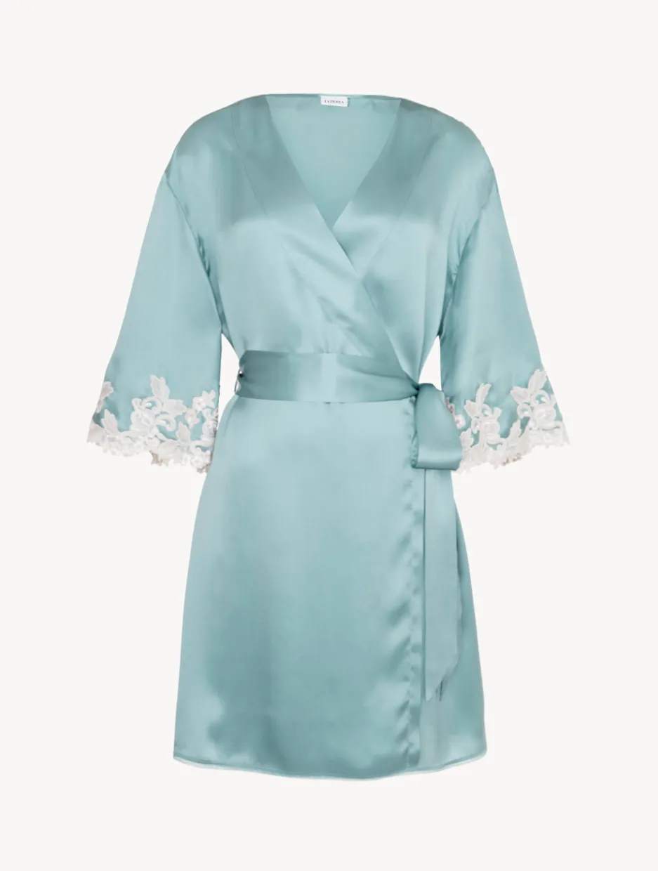 Almond Silk Short Robe With Frastaglio