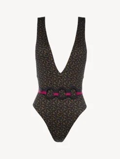 Belted Swimsuit In Dark Green And Black