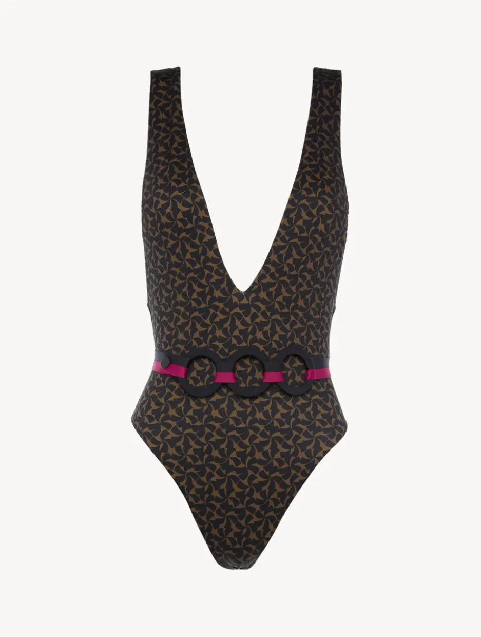 Belted Swimsuit In Dark Green And Black