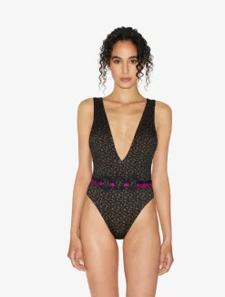 Belted Swimsuit In Dark Green And Black