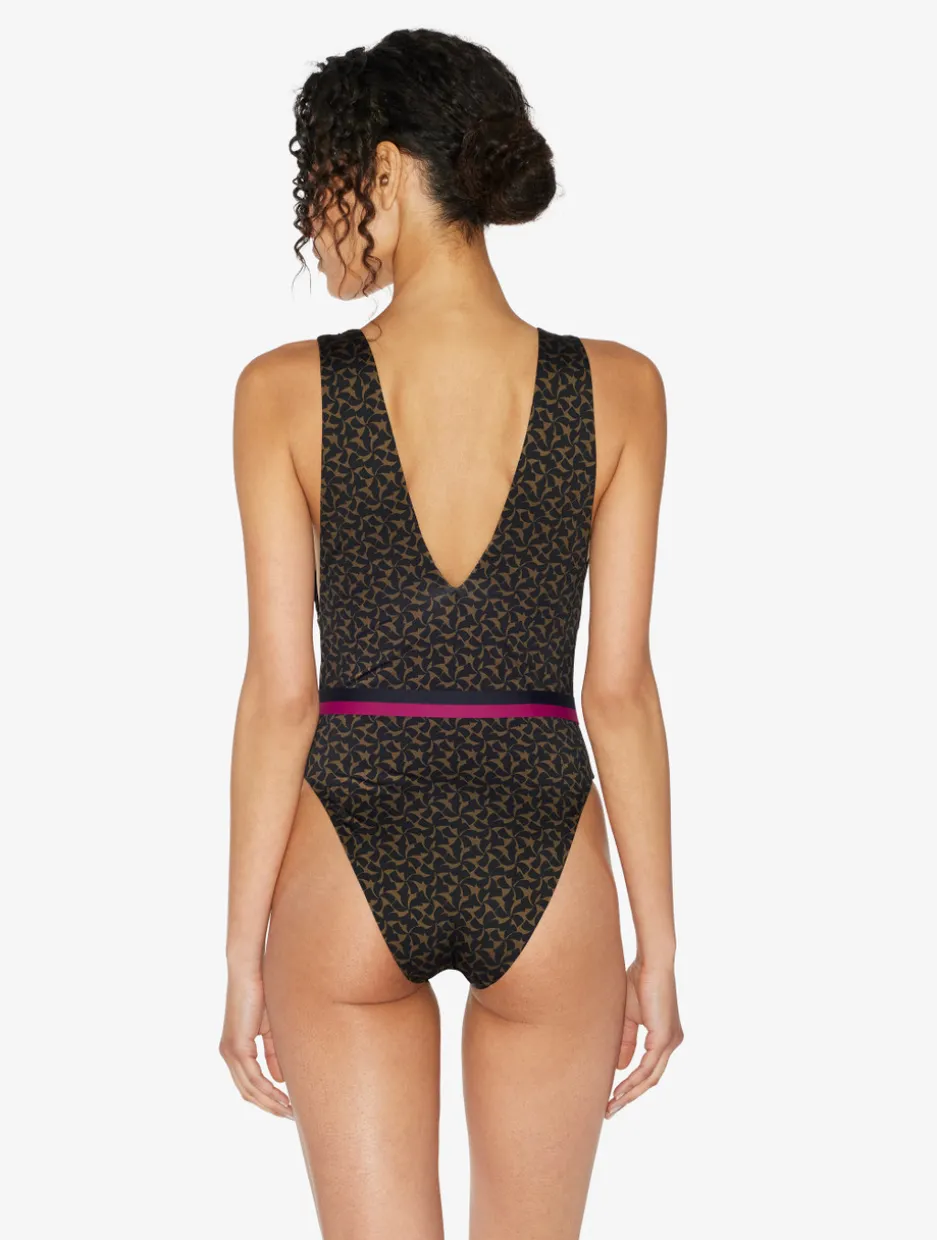 Belted Swimsuit In Dark Green And Black