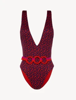 Belted Swimsuit In Red And Blue