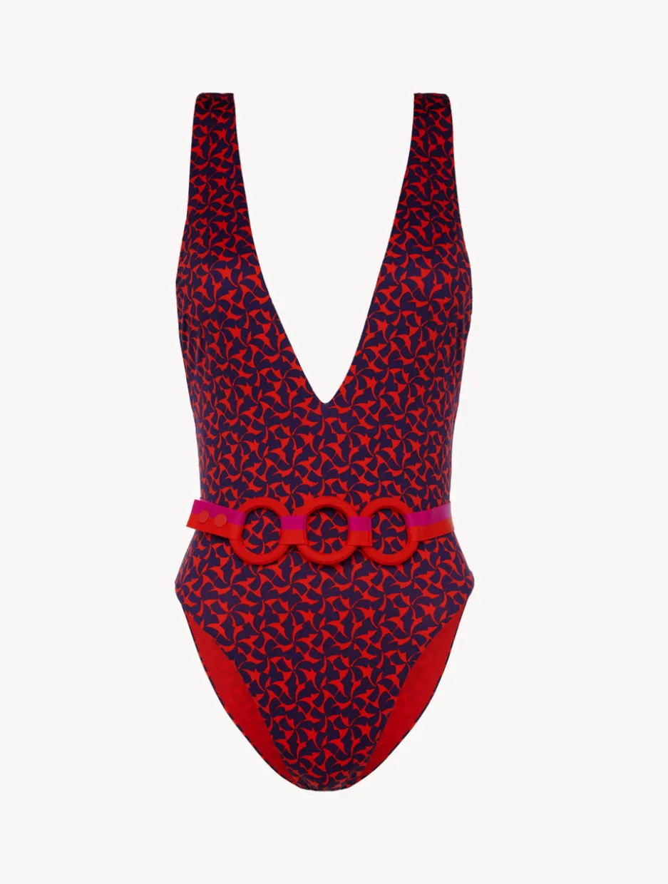 Belted Swimsuit In Red And Blue