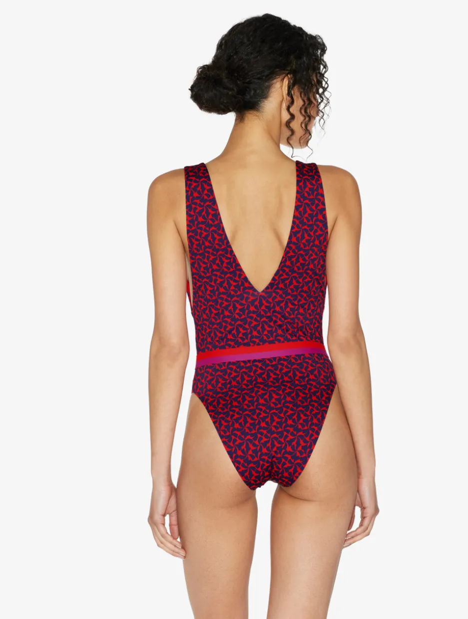 Belted Swimsuit In Red And Blue