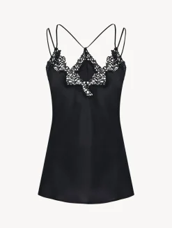 Black Camisole In Silk With Macramé Frastaglio