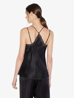 Black Camisole In Silk With Macramé Frastaglio