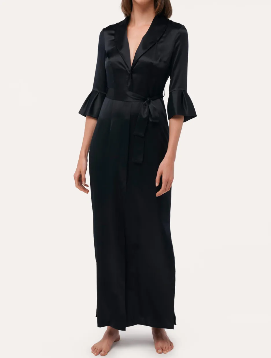 Black Long Silk Belted Robe
