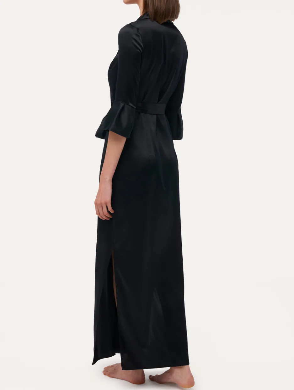 Black Long Silk Belted Robe