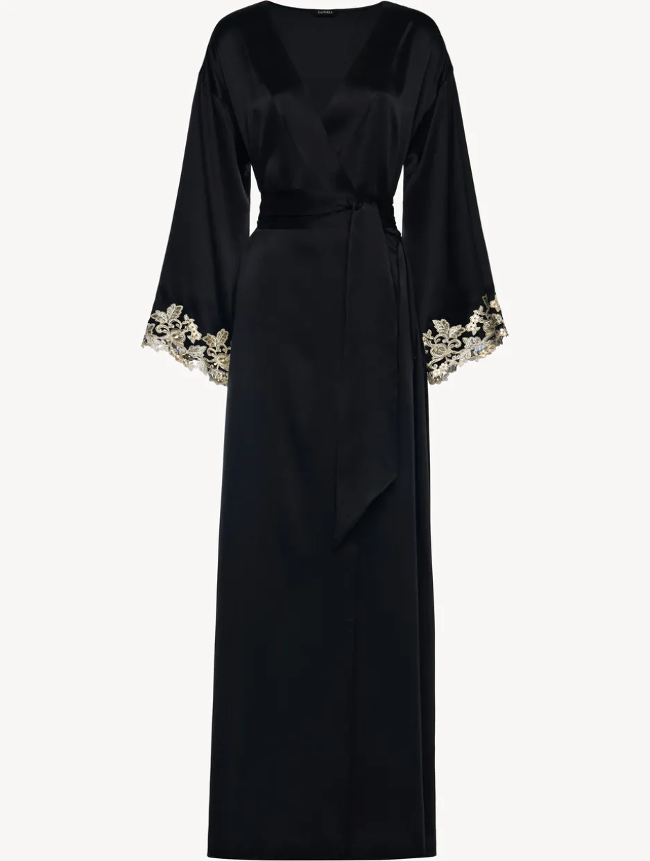 Black Long Silk Robe With Frastaglio