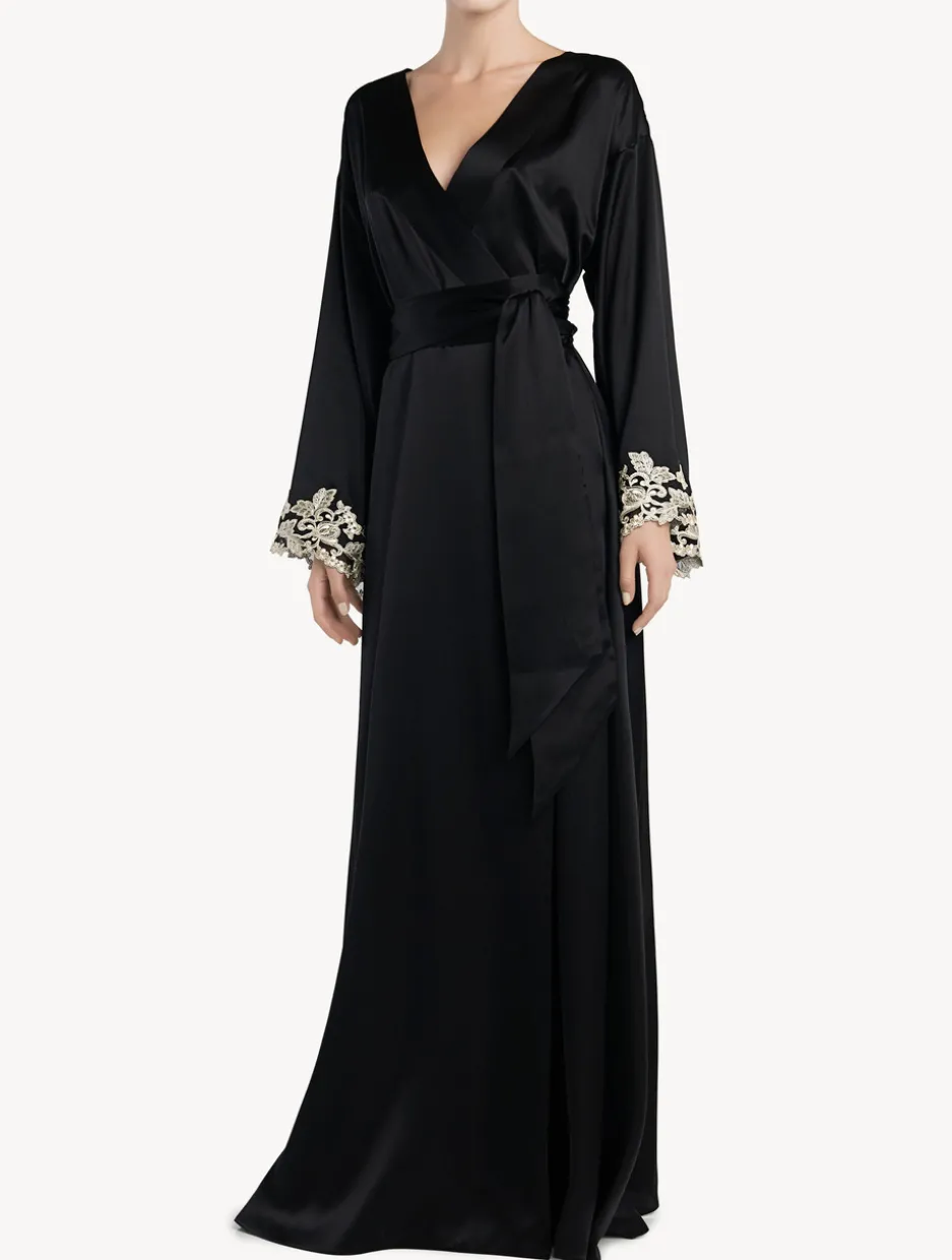 Black Long Silk Robe With Frastaglio