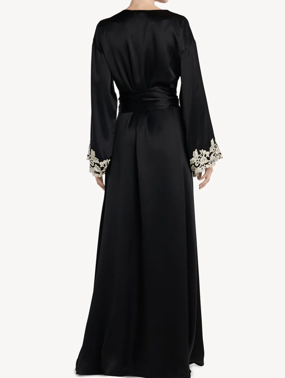 Black Long Silk Robe With Frastaglio