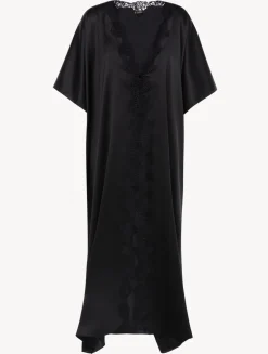 Black Long Silk Robe With Macramé