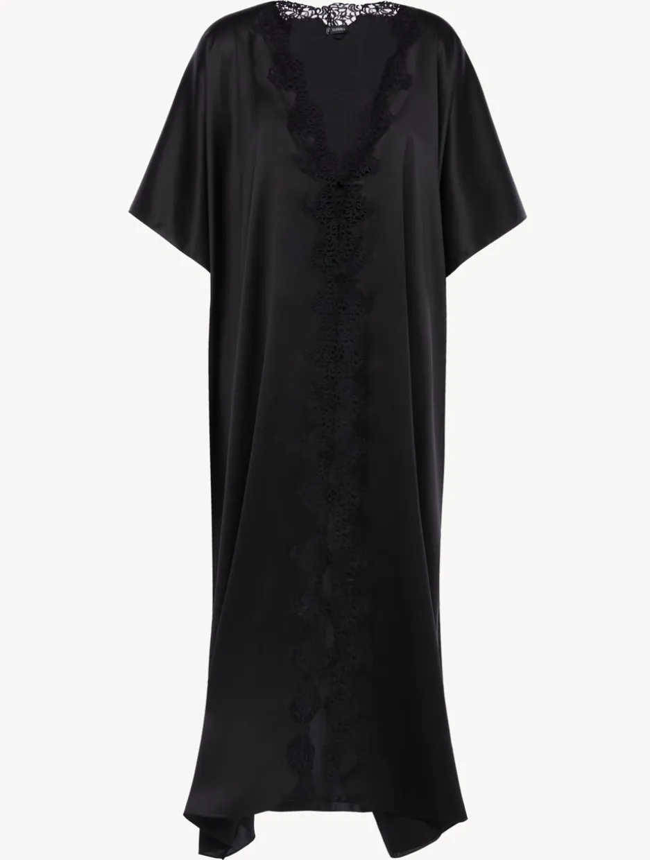 Black Long Silk Robe With Macramé