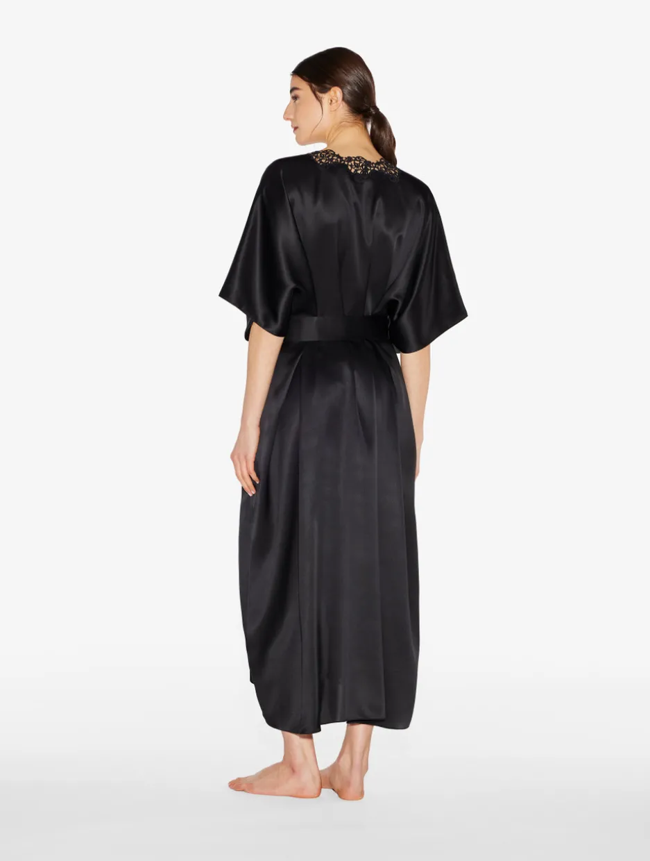 Black Long Silk Robe With Macramé