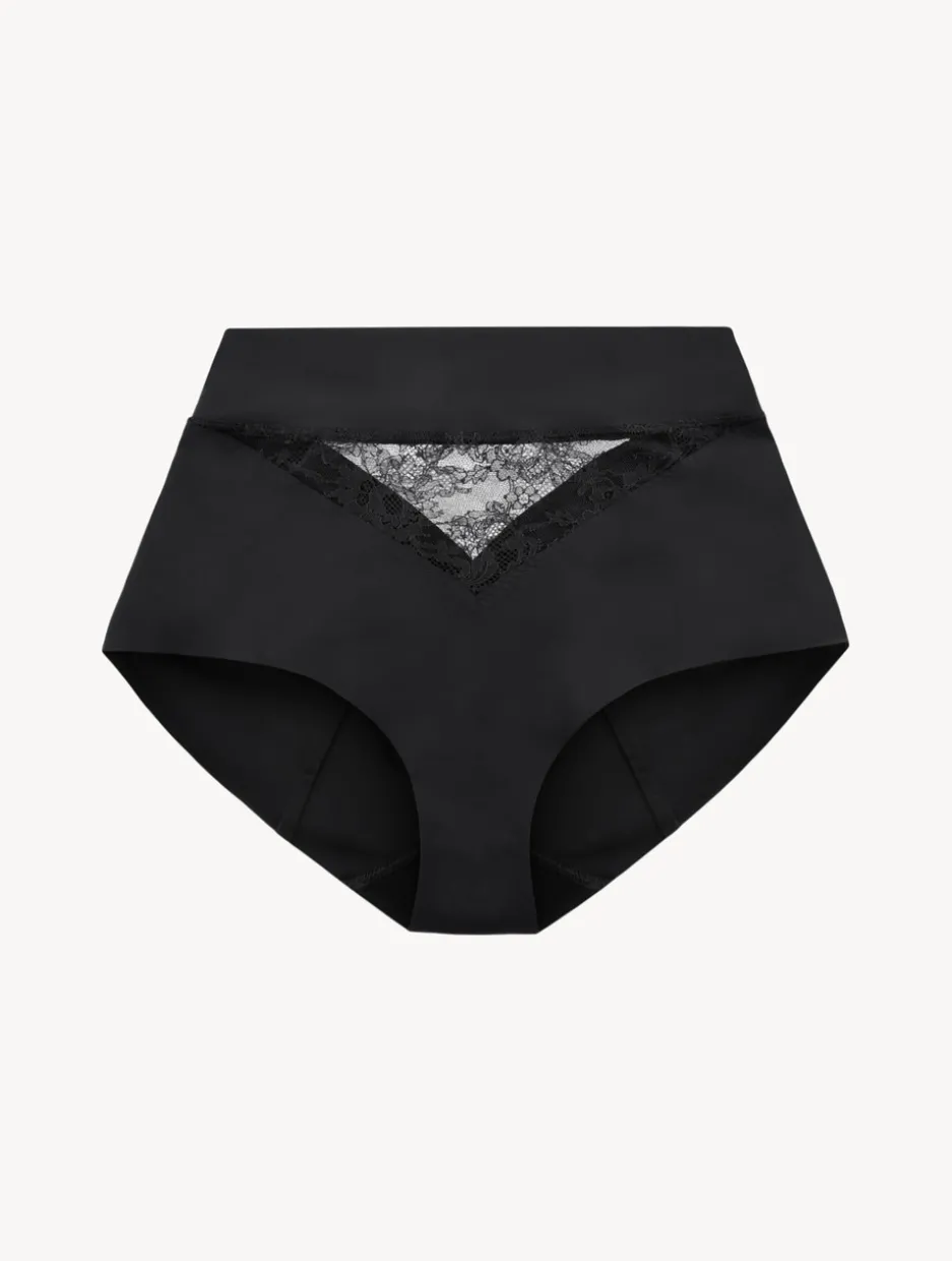 Black Lycra Control Fit High-waist Briefs With Chantilly Lace