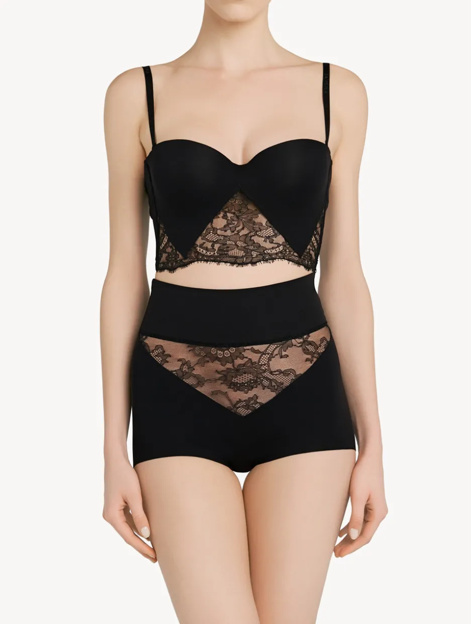 Black Lycra Control Fit High-waist Briefs With Chantilly Lace
