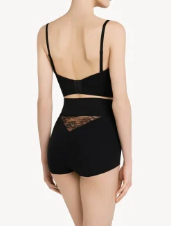 Black Lycra Control Fit High-waist Briefs With Chantilly Lace
