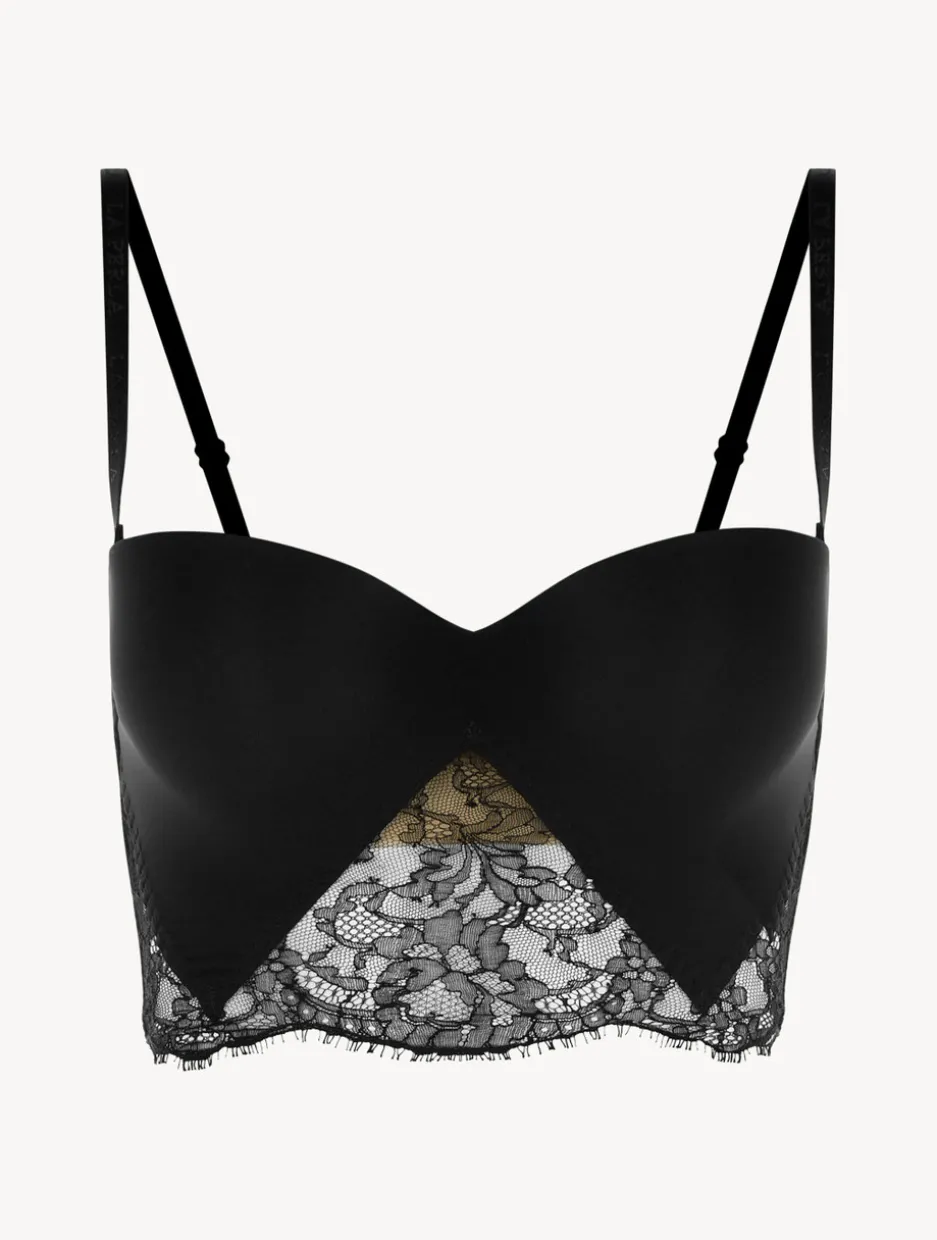 Black Lycra Strapless Brassiere With Chantilly Lace