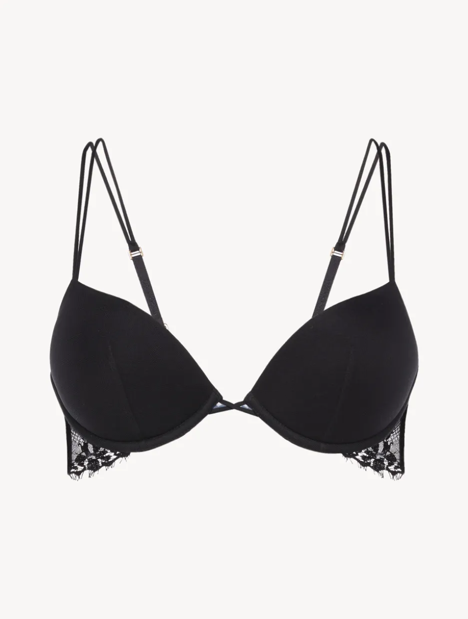 Black Padded Push-up Bra With Leavers Lace Trim