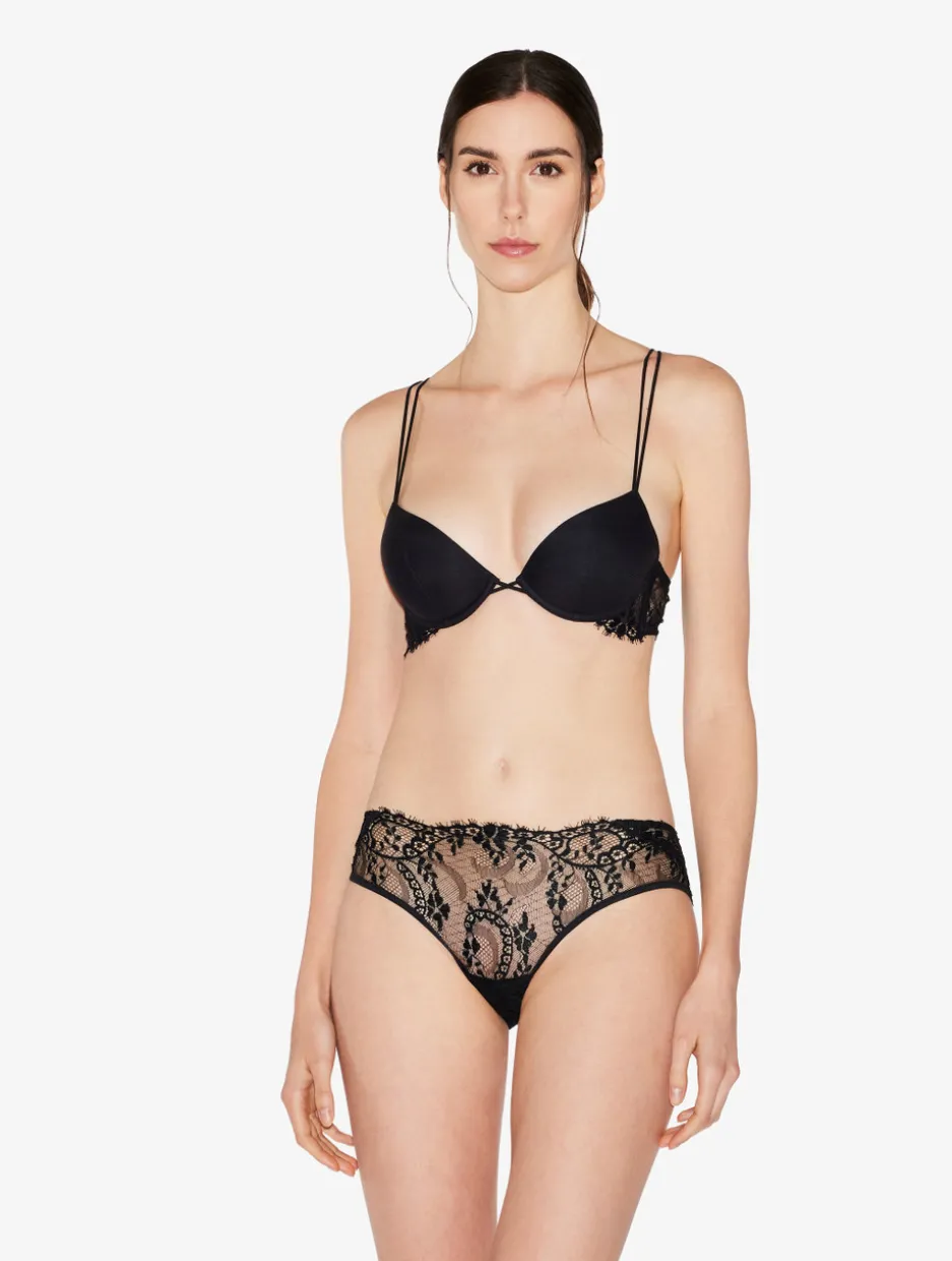 Black Padded Push-up Bra With Leavers Lace Trim