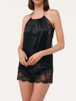 Black Silk Halterneck Camisole With Leavers Lace Trim