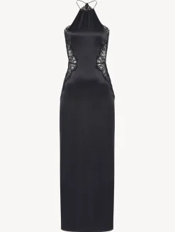 Black Silk Halterneck Nightdress With Leavers Lace Trim