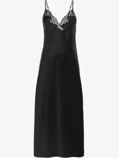 Black Silk Long Nightgown With Macramé