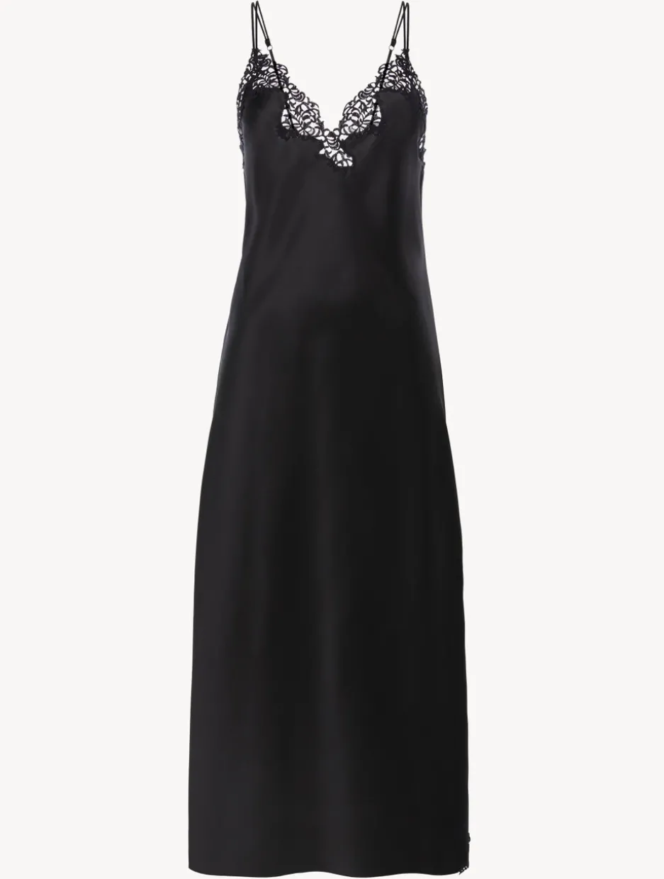 Black Silk Long Nightgown With Macramé