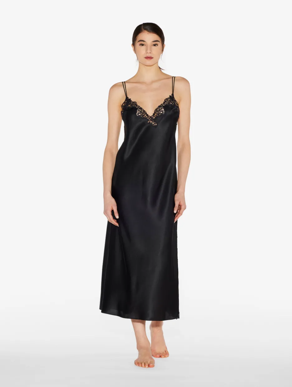 Black Silk Long Nightgown With Macramé