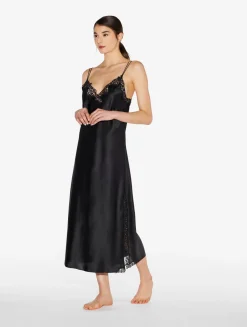 Black Silk Long Nightgown With Macramé