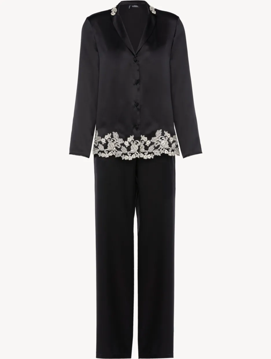 Black Silk Long Pajamas With Frastaglio