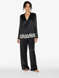 Black Silk Long Pajamas With Frastaglio