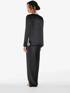Black Silk Long Pajamas With Frastaglio