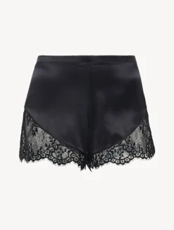 Black Silk Pajama Shorts With Leavers Lace Trim