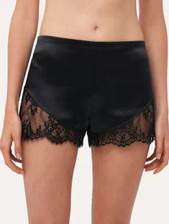 Black Silk Pajama Shorts With Leavers Lace Trim