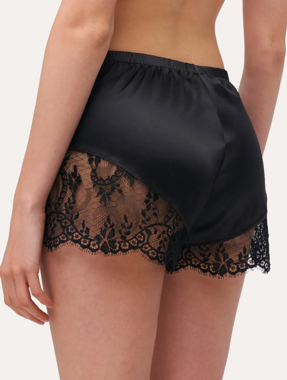 Black Silk Pajama Shorts With Leavers Lace Trim
