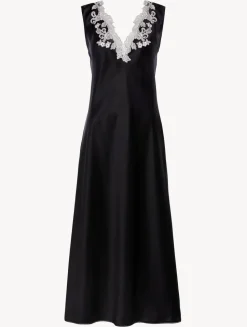 Black Silk Satin Long Nightgown With Frastaglio