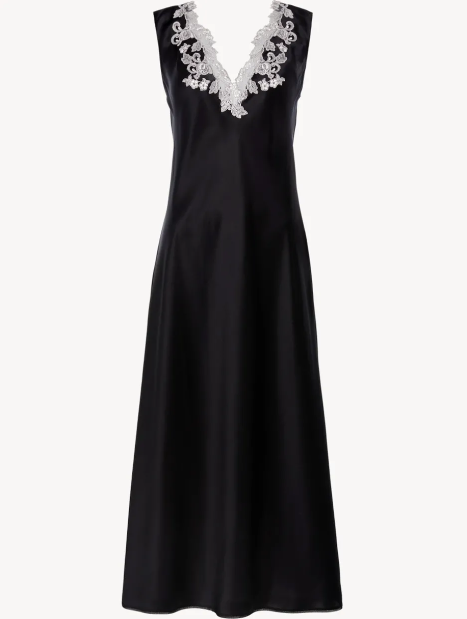Black Silk Satin Long Nightgown With Frastaglio