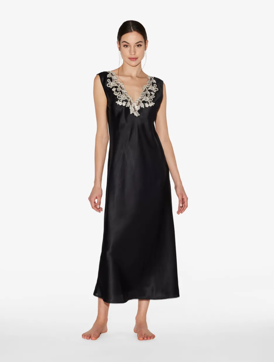 Black Silk Satin Long Nightgown With Frastaglio