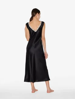 Black Silk Satin Long Nightgown With Frastaglio