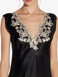 Black Silk Satin Long Nightgown With Frastaglio