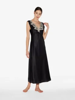 Black Silk Satin Long Nightgown With Frastaglio