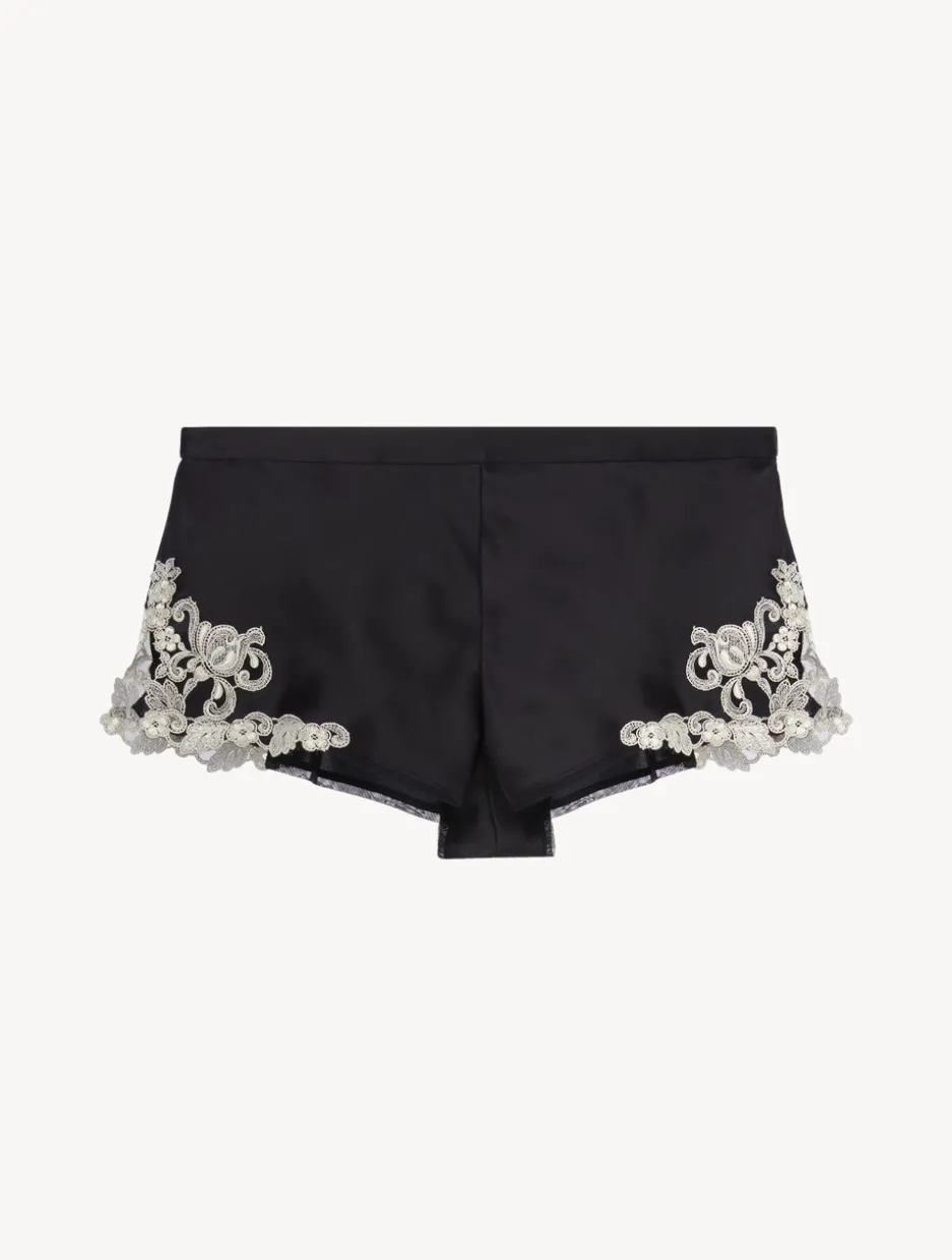 Black Silk Satin Sleep Shorts With Frastaglio
