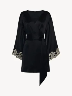 Black Silk Short Robe With Frastaglio