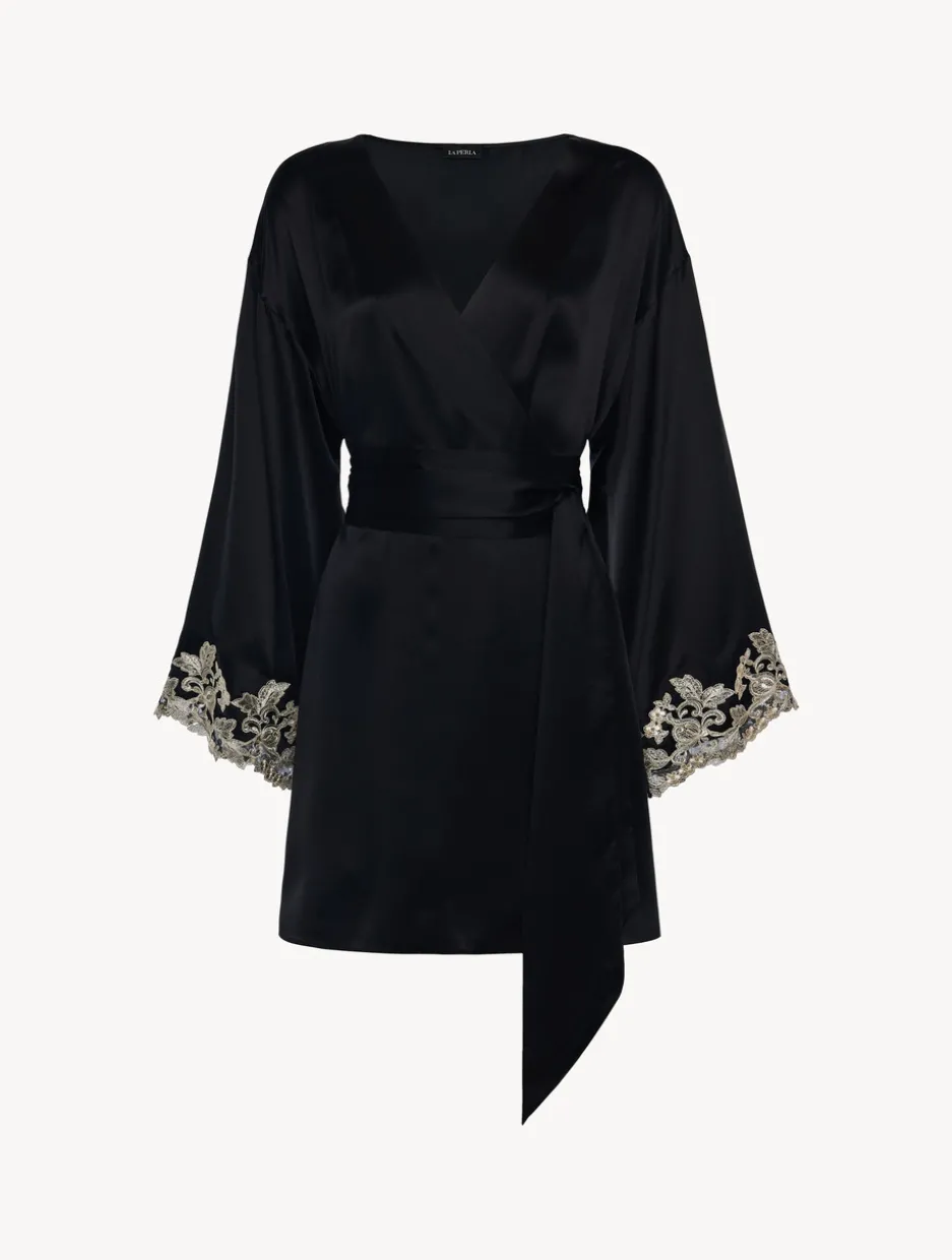 Black Silk Short Robe With Frastaglio