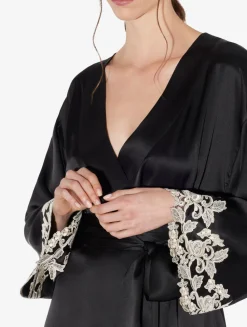 Black Silk Short Robe With Frastaglio