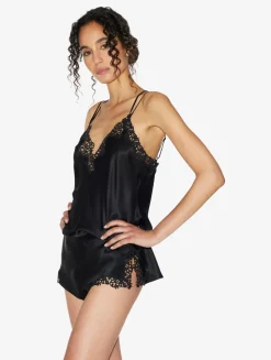 Black Silk Sleep Shorts With Macramé Frastaglio