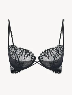 Black Underwired Balconette Bra With Leavers Lace Trim