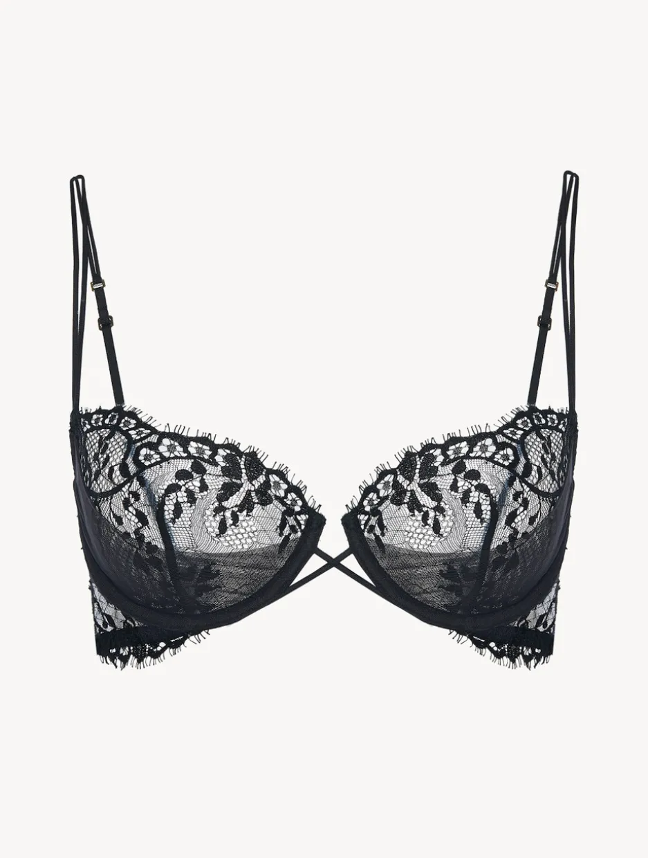 Black Underwired Balconette Bra With Leavers Lace Trim