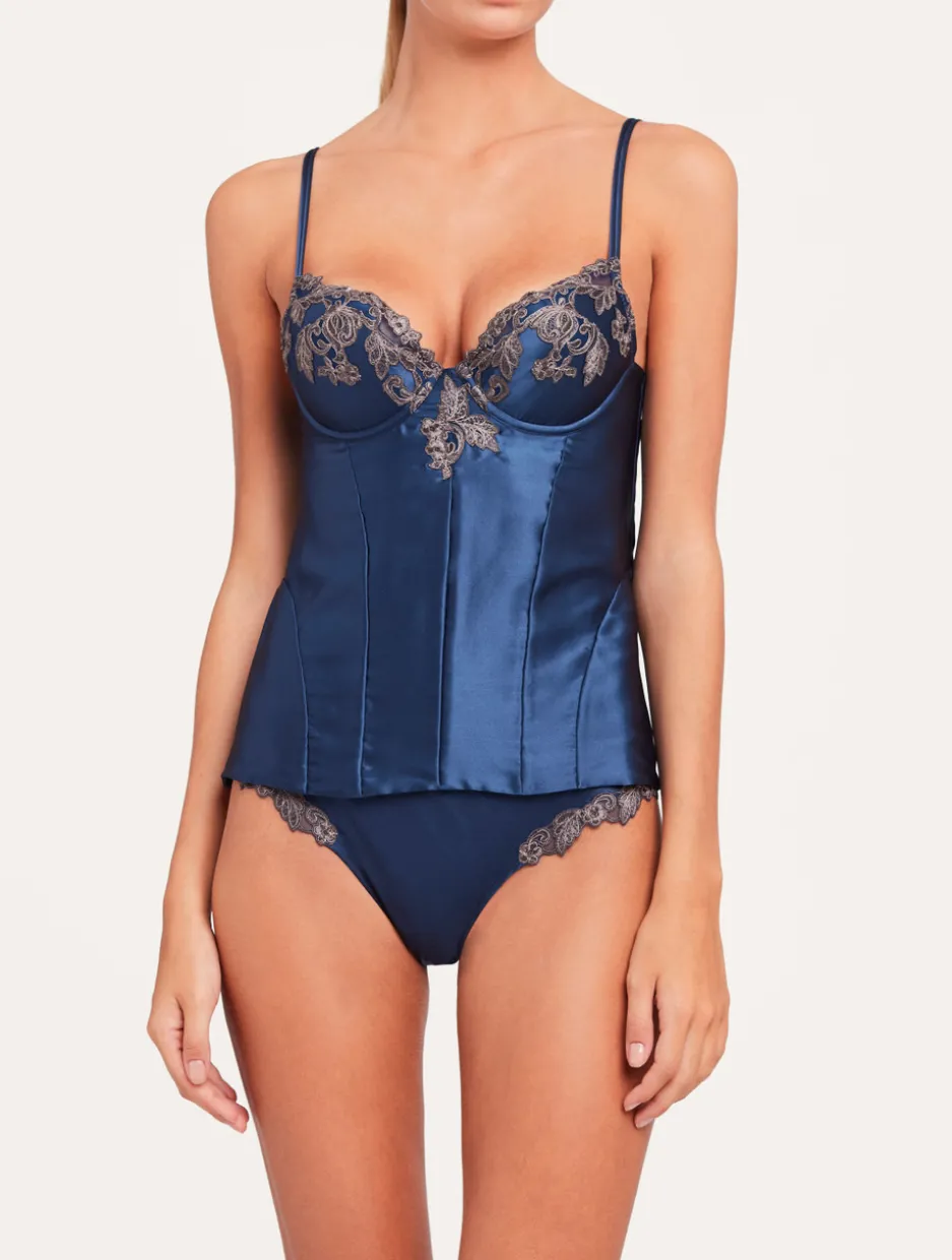 Blue Corset In Silk Satin With Frastaglio